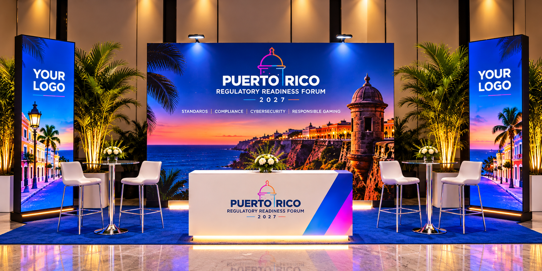 Business Zone concept with branded backing, reception counter and meeting tables